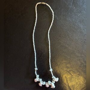 Vintage carved shell and white bead turtle necklace 60’s 70’s